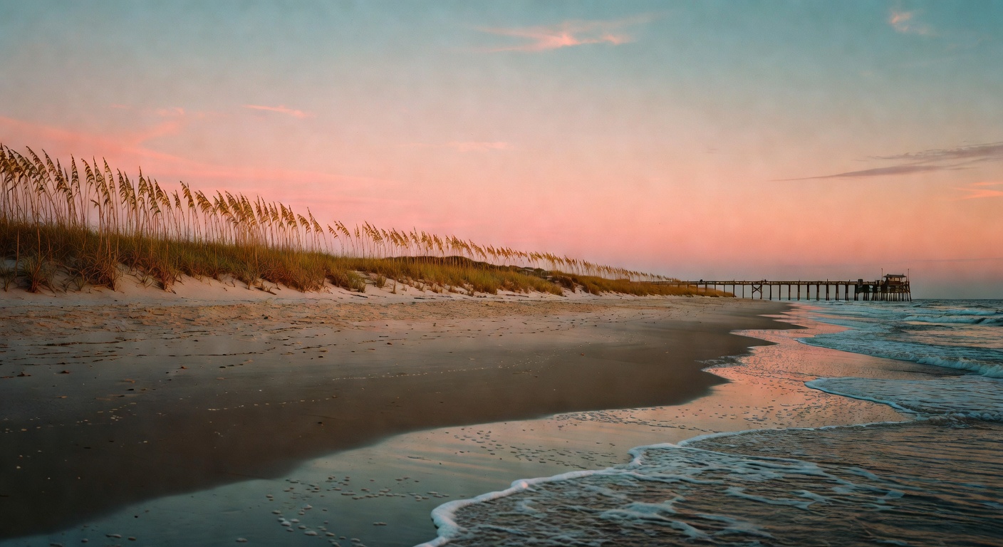 Sea oats and an empty Topsail Island beach at sunset, pier in the distance